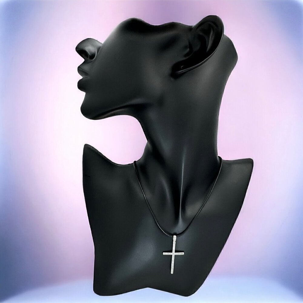 NWT Cross Pendant Necklace S925 Sterling Silver Choker Black Cord CZ Inlaid 17” - Picture 4 of 10